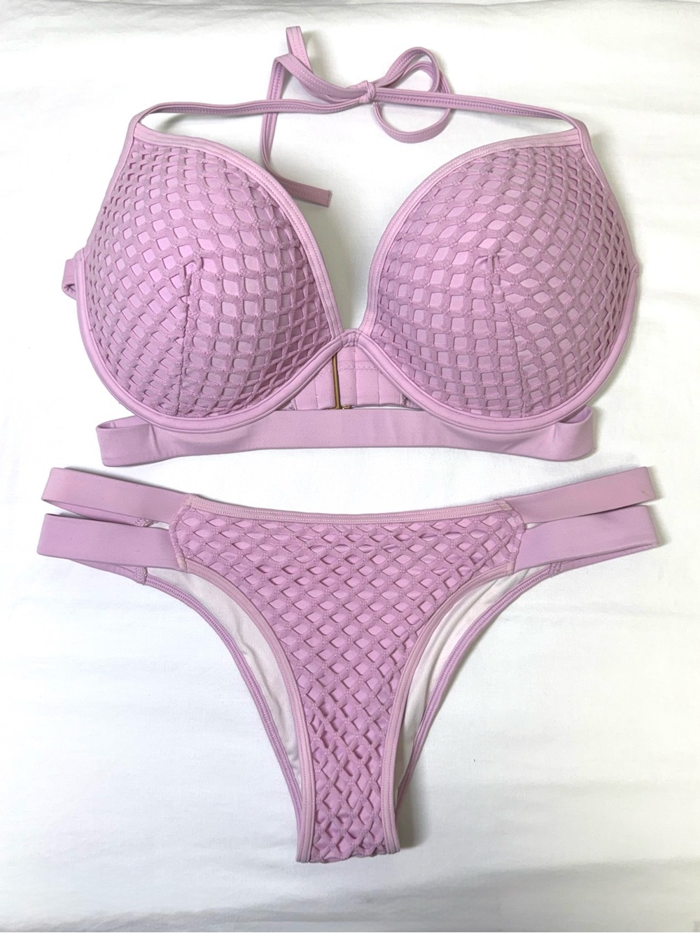 Victoria's Secret Lilac Mesh Bikini Set Strappy Bottoms M 34C Est Halter